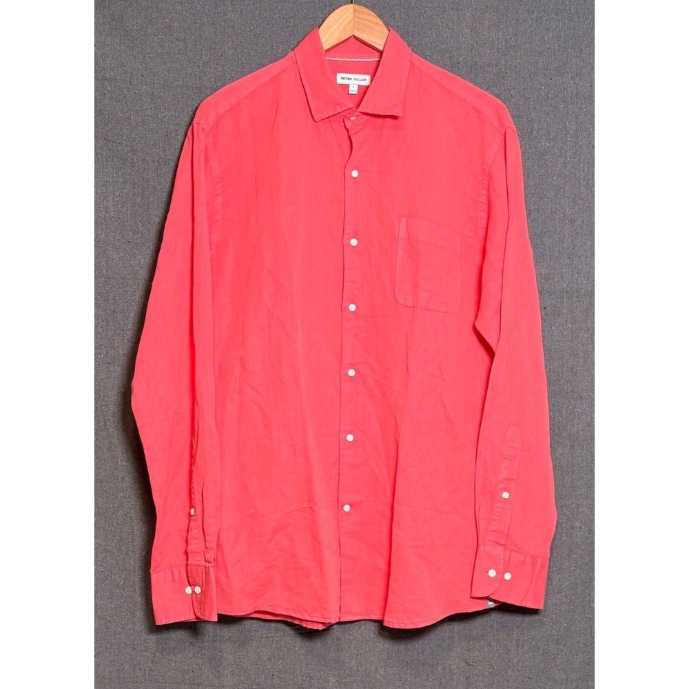 Peter Millar Mens Large Coral Pink Linen Cotton Blend Button Down Shirt